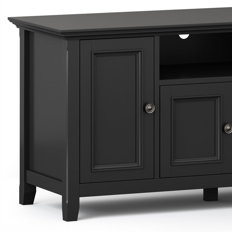 Simpli-Home Amherst wide TV media stand with open shelves and storage compartments for entertainment equipment.