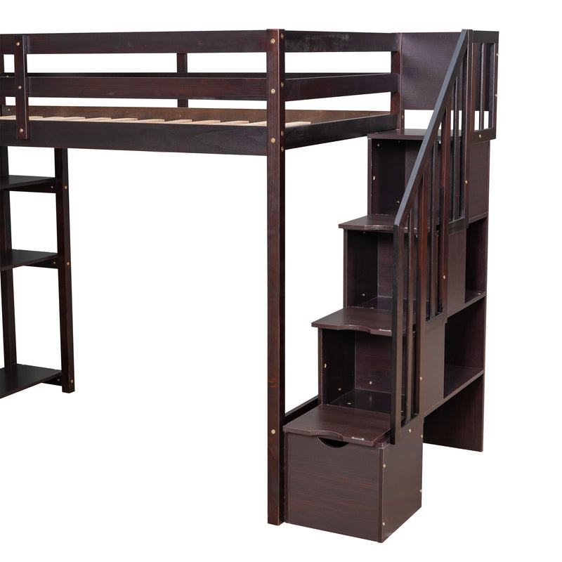 DreamHaus loft bed with integrated storage drawers, stairs with shelves, and a sturdy wooden frame for space-saving bedroom furniture.