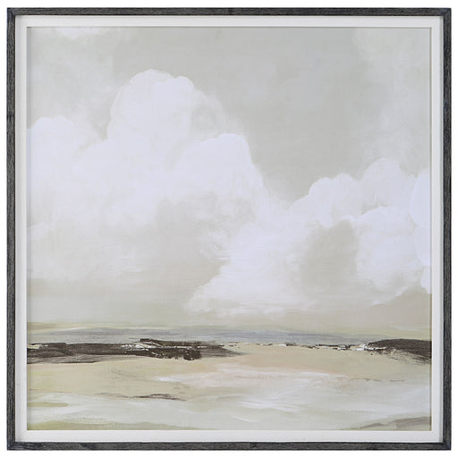 Soft Clouds framed print on canvas by Uttermost, featuring a serene cloud design in pearl silver tones.