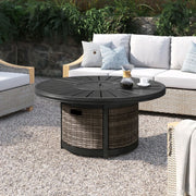 L-shaped brown Cassara Resort propane outdoor fire pit table by LSI Patio Furniture with a fire bowl and surrounding surface.