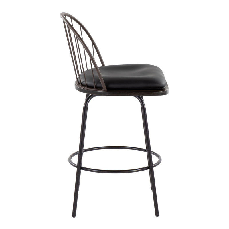 Lumi Source Riley Claire farmhouse counter stool set with swivel, round footrest, fixed height, featuring wooden seat and metal frame