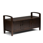 Handcrafted Warm Shaker entryway storage bench by Simpli-Home featuring wooden construction and a cushioned seat.