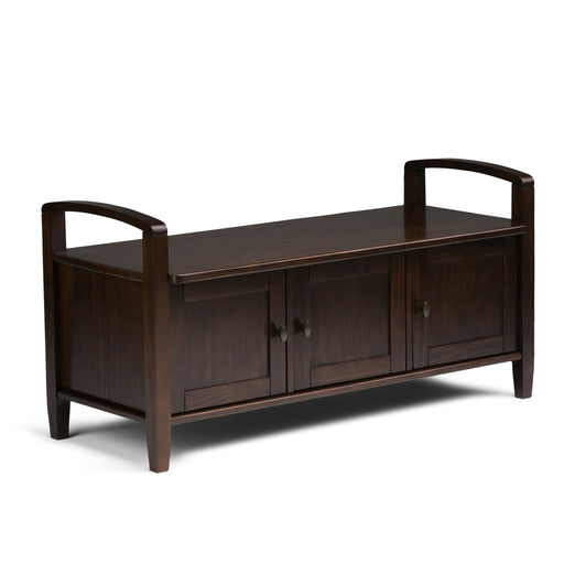 Handcrafted Warm Shaker entryway storage bench by Simpli-Home featuring wooden construction and a cushioned seat.