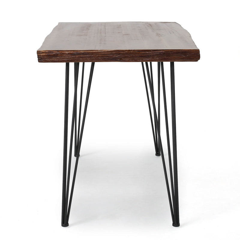 Modern industrial faux live edge dining table with natural finish and hairpin metal legs by Noble House.