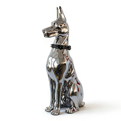 Doberman Dog - Silver Fiberglass Sculpture — view 2
