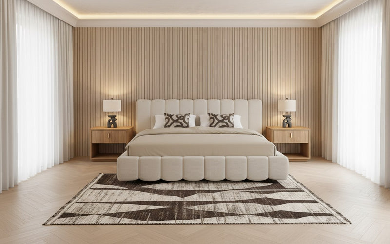 Harris + Roma - Modern Off-White Fabric + Oak 4-Piece Bedroom Set