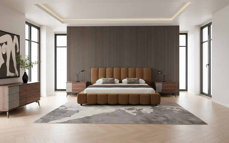 Harris + Palermo - Modern Brown Fabric + Faux Concrete & Walnut 4-Piece Bedroom Set