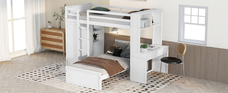 DreamHaus loft bed with a stand-alone bed, shelves, desk, and wardrobe, shown with a modern design and functional storage features.