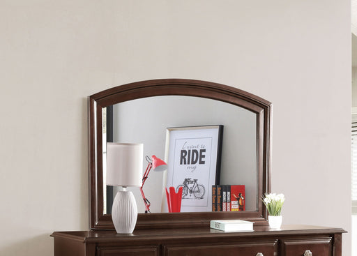 Glory Furniture Ashford mirror in cappuccino finish with a sleek rectangular frame, hanging on a wall.