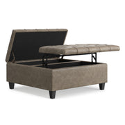 Brown Harrison Square Coffee Table Ottoman by Simpli-Home with cushioned top and wooden legs, versatile for living room decor.