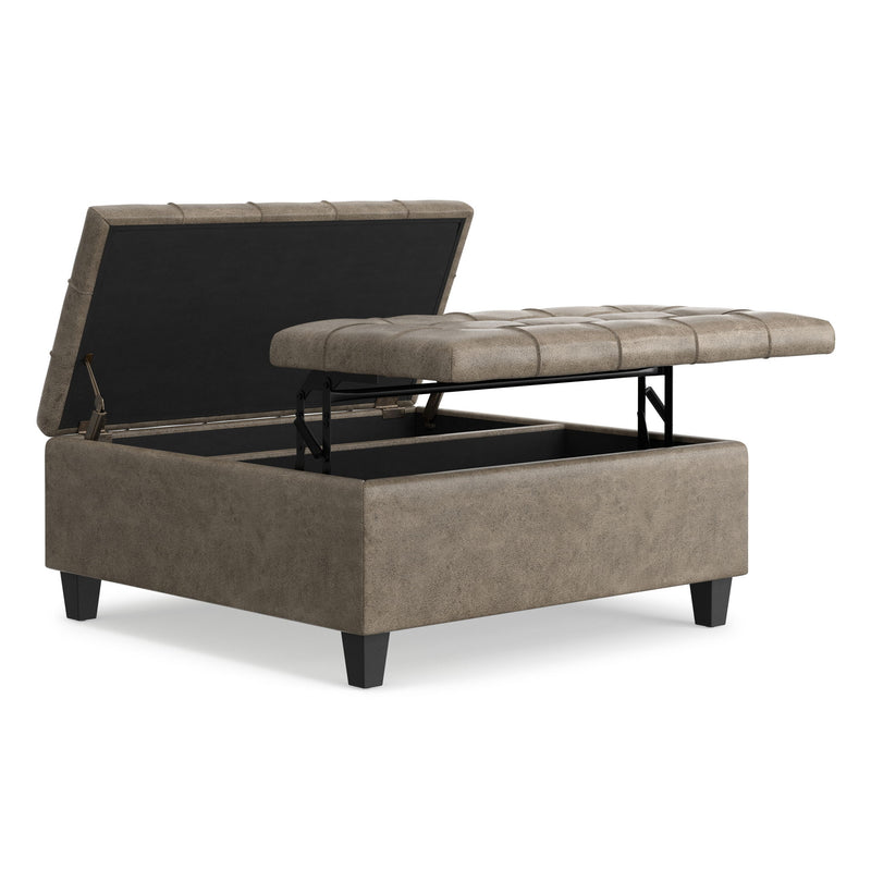 Brown Harrison Square Coffee Table Ottoman by Simpli-Home with cushioned top and wooden legs, versatile for living room decor.