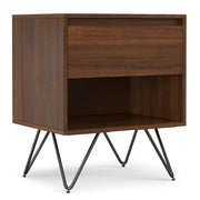 Simpli-Home Hunter accent nightstand with a wooden finish, featuring one drawer and a flat top surface for bedside essentials.