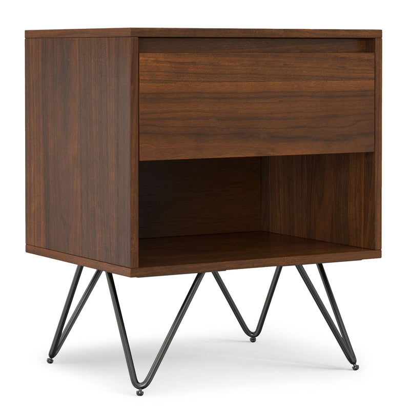 Simpli-Home Hunter accent nightstand with a wooden finish, featuring one drawer and a flat top surface for bedside essentials.