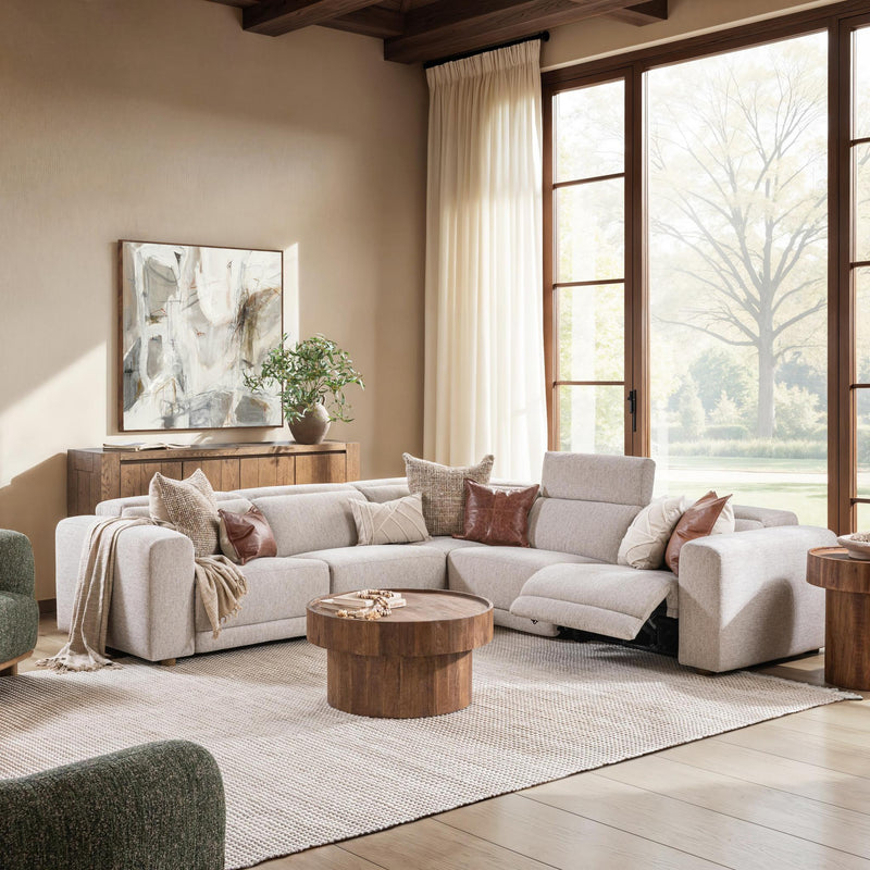 Classic Home Knoxville power recliner sectional with plush cushions and reclining seats, shown in a modern living room setting.
