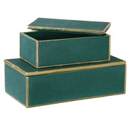 Pair of emerald green Uttermost Karis boxes featuring a stylish, textured design, perfect for home storage and decor.