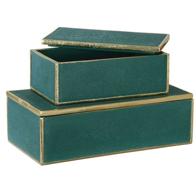 Pair of emerald green Uttermost Karis boxes featuring a stylish, textured design, perfect for home storage and decor.