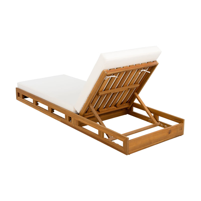 Premium Acacia Wood Lounge Chaise Set With Water Resistant Cushions, Adjustable Recline - Cream / Teak - R&R Furniture Gallery (Fountain Valley, CA)