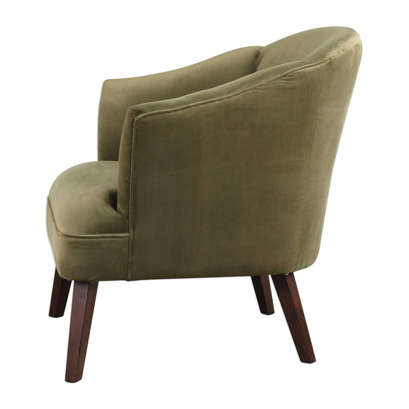 Uttermost Conroy Olive Accent Chair with upholstered fabric and wooden legs, stylish and comfortable for living room decor.