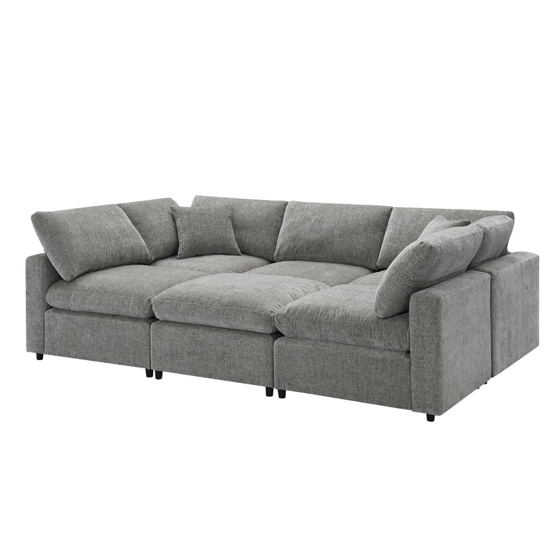 Luxe & Co. modern modular cloud sofa bed with six seats, U-shaped sectional, chaise ottoman, and convertible sleeper for living room.
