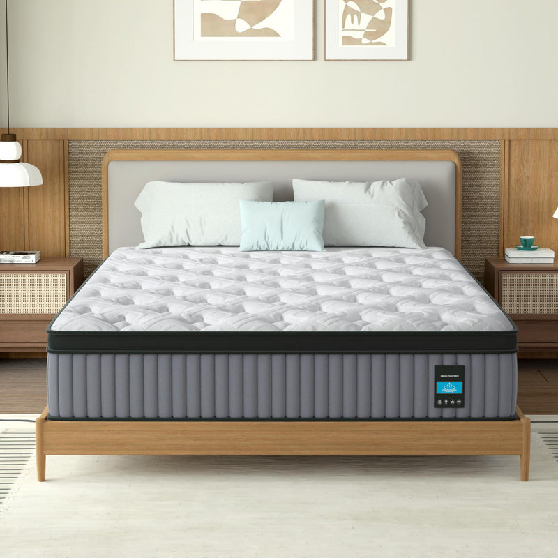 14" King Hybrid Mattress, Memory Foam & Pocket Spring Bed, Cooling, Pressure Relief, Back & Hip Support - Gray / White - R&R Furniture Gallery (Fountain Valley, CA)