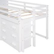 DreamHaus loft bed with integrated cabinet and shelf, featuring a wooden frame, workspace, and storage for a functional bedroom setup.