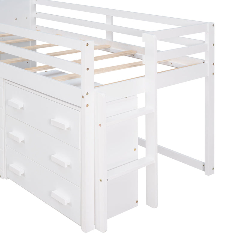 DreamHaus loft bed with integrated cabinet and shelf, featuring a wooden frame, workspace, and storage for a functional bedroom setup.