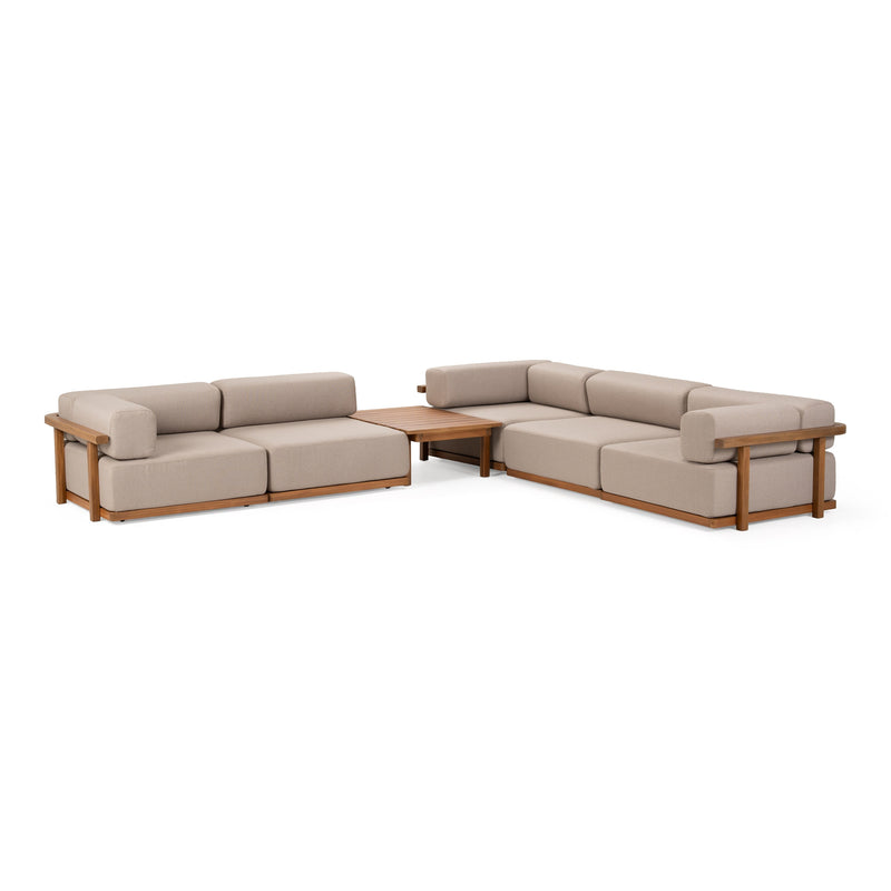 Saint Croix - Outdoor Light Brown Olefin Fabric + Teak Modular Sofa Set