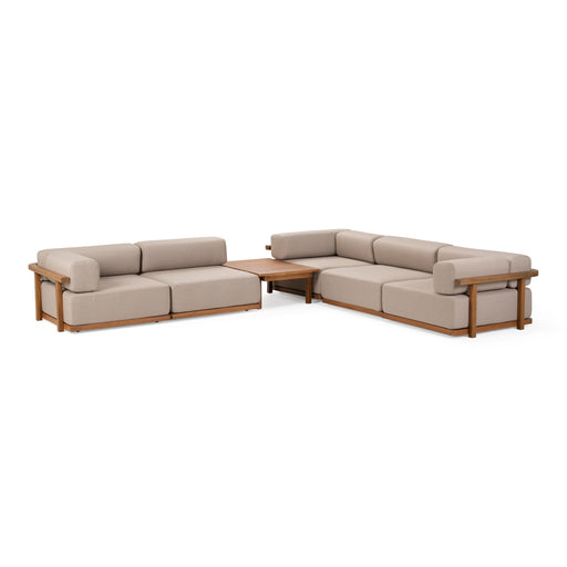 Saint Croix - Outdoor Light Brown Olefin Fabric + Teak Modular Sofa Set