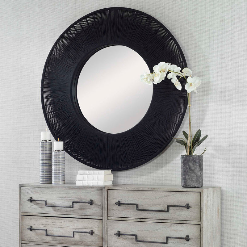 Round wall mirror with sailor's knot design by Uttermost, featuring a decorative rope border and classic maritime style.