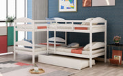 White DreamHaus twin L-shaped bunk bed with trundle, featuring sturdy frames and space-saving design for kids' bedrooms.
