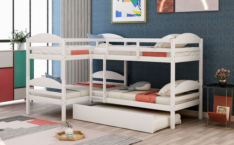 White DreamHaus twin L-shaped bunk bed with trundle, featuring sturdy frames and space-saving design for kids' bedrooms.