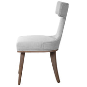 Pair of white Uttermost Klismos accent chairs with curved wooden legs and elegant design, set of 2 for stylish seating.