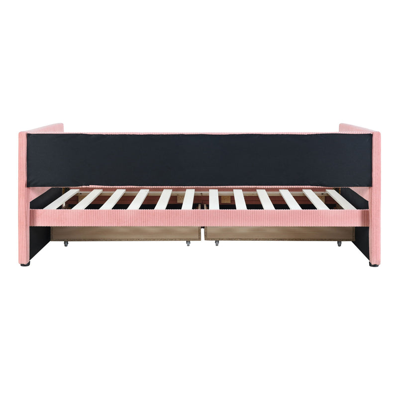 Halcyon Home storage daybed with two drawers and wood slat design, showcasing its sturdy frame and functional storage space.