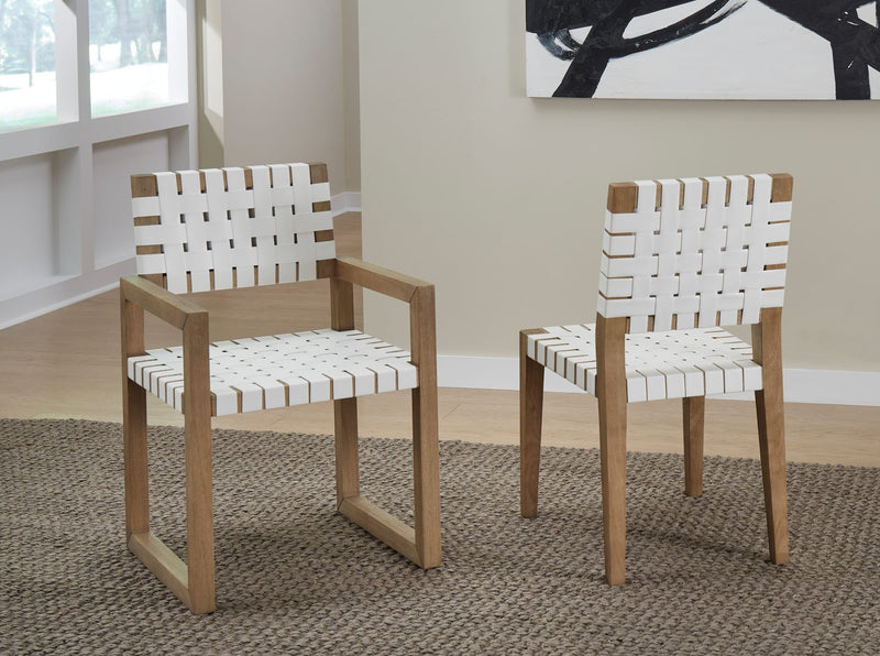 One Woven Leather and Solid Wood Dining Arm Chair in White and Bisque
