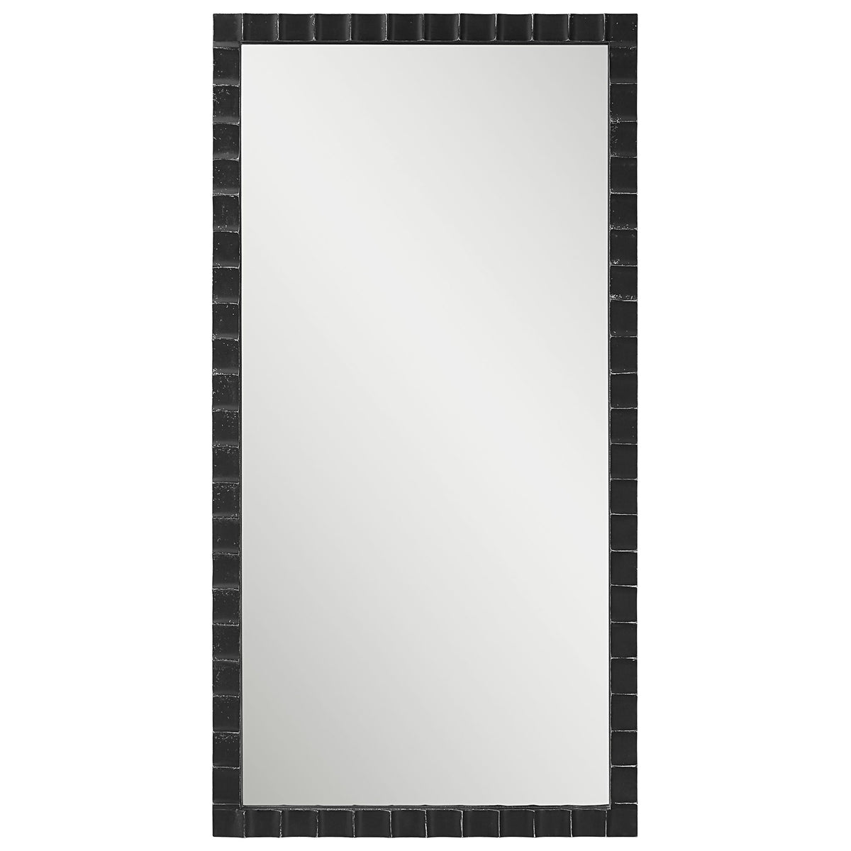 Uttermost Dandridge industrial black wall mirror with round metal frame and modern design, reflecting a stylish interior.
