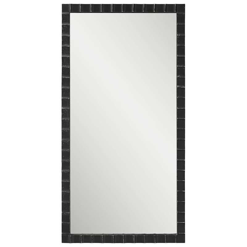 Uttermost Dandridge industrial black wall mirror with round metal frame and modern design, reflecting a stylish interior.