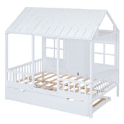 DreamHaus house bed with twin size trundle and daybed, featuring a cozy wooden frame and playful design for kids' bedroom.