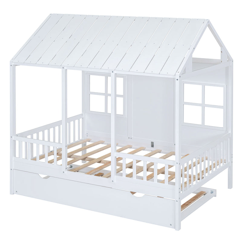 DreamHaus house bed with twin size trundle and daybed, featuring a cozy wooden frame and playful design for kids' bedroom.
