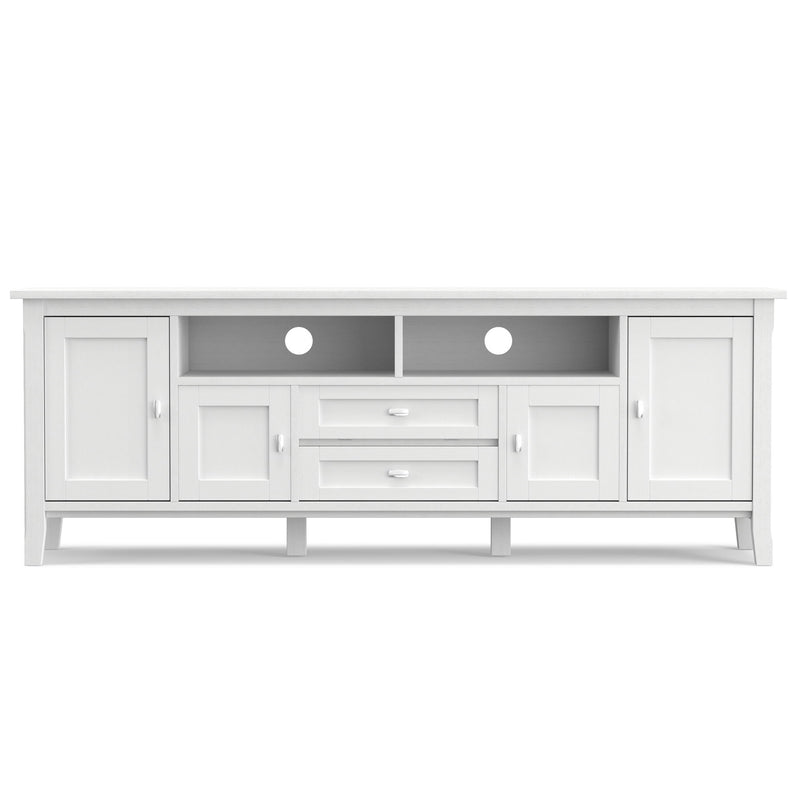 Handcrafted Warm Shaker TV media stand by Simpli-Home with open shelves and storage compartments for media devices and decor.