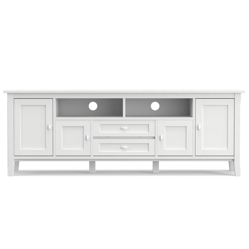 Handcrafted Warm Shaker TV media stand by Simpli-Home with open shelves and storage compartments for media devices and decor.