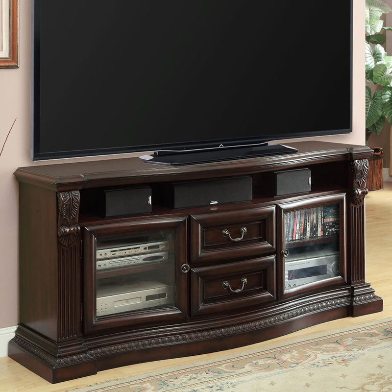 Parker House Bella vintage sienna TV console with integrated power center and storage drawers, ideal for modern living rooms.