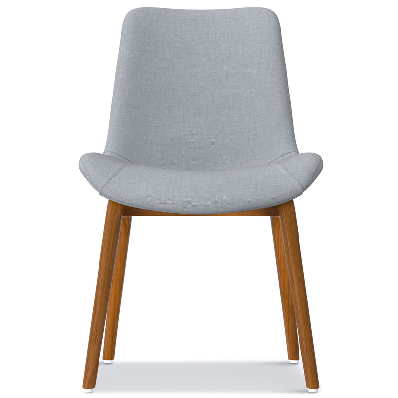 Pair of Loretta upholstered dining chairs by Simpli-Home, featuring cushioned seats and wooden legs for comfortable dining seating.