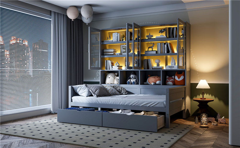 Daybed With Glass Door Storage Cabinets, Built In LED Lighting And Shelves - R&R Furniture Gallery (Fountain Valley, CA)