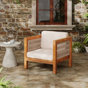 Noble House outdoor club arm chair with rope armrests and plush cushions, ideal for patio or backyard seating.