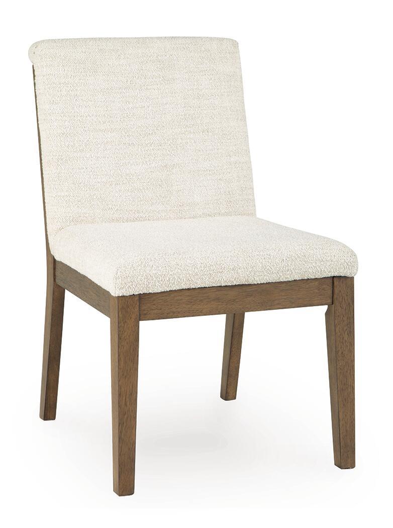 Set of two Benchcraft® Marxmore dining upholstered side chairs in beige and brown with wooden legs.