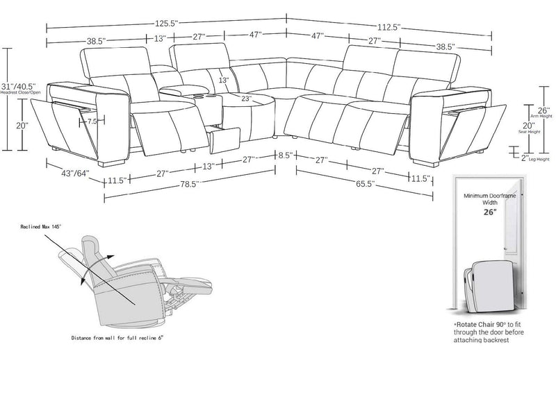 1224 - 6-Piece L-Shaped Sectional Sofa In With 3 Power Recliners & Power Headrests