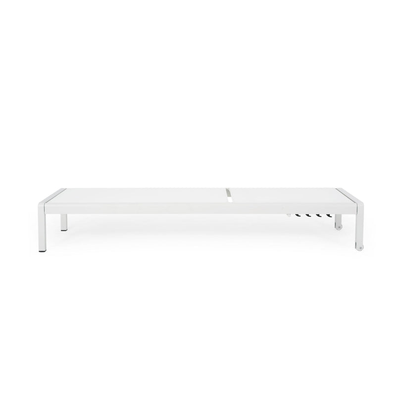Noble House outdoor patio chaise lounge with five adjustable reclining positions, featuring cushioned seat and sleek design.