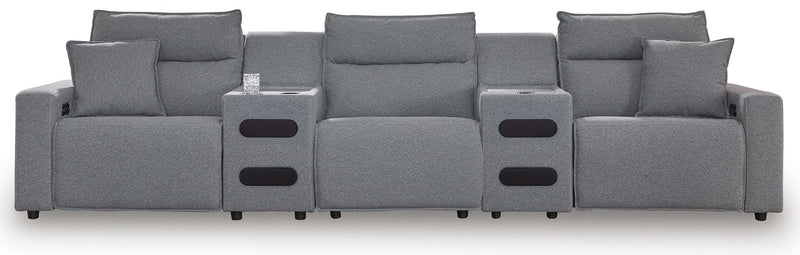 Signature Design by Ashley Modmax II reclining sectional in salt and pepper fabric, showing plush cushions and reclining features.