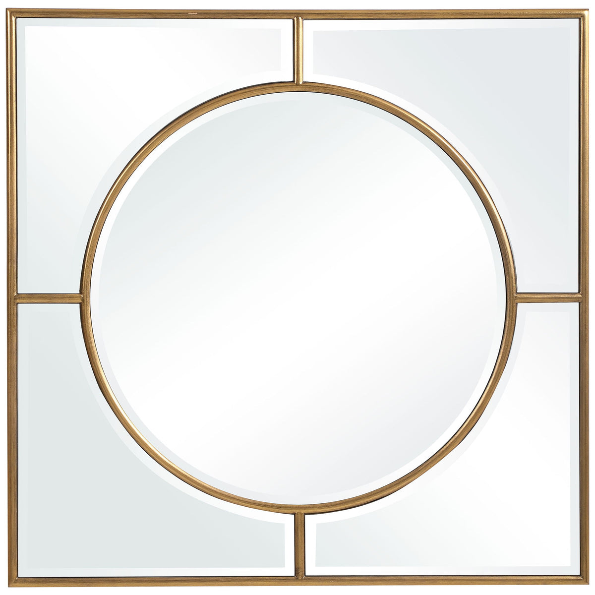 Uttermost Stanford Square Wall Mirror with gold frame, featuring a sleek modern design and reflective glass surface.