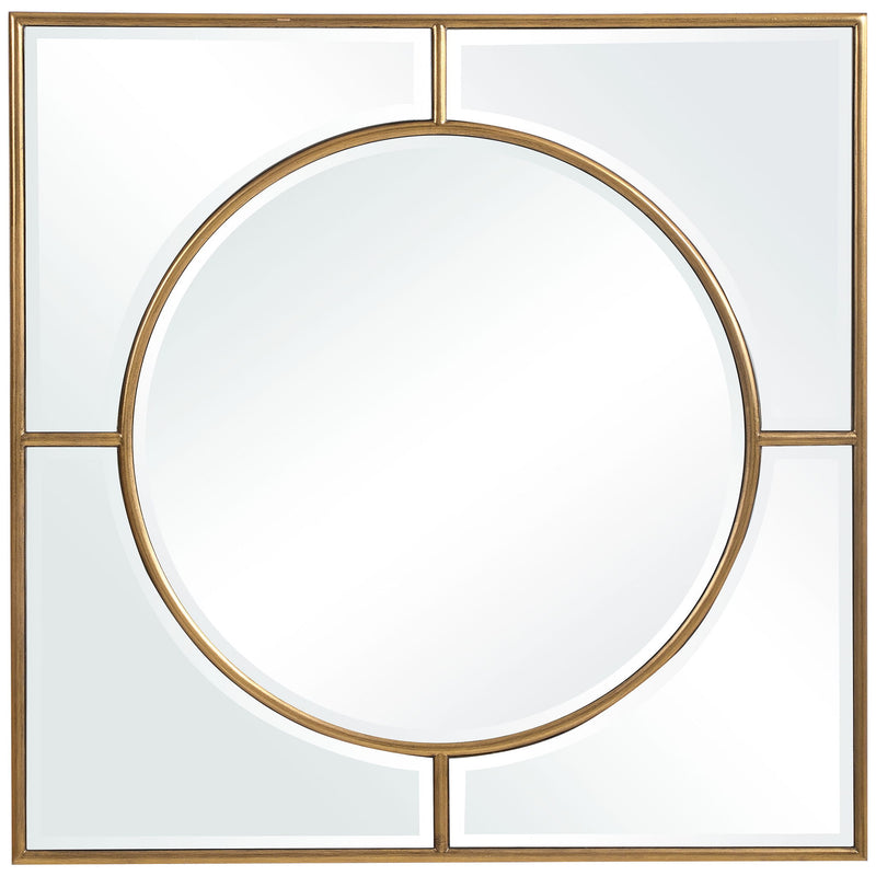 Uttermost Stanford Square Wall Mirror with gold frame, featuring a sleek modern design and reflective glass surface.